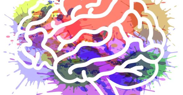 A white outline of a human brain set against a backdrop of splattered colors in purple, green, orange, yellow, and blue.