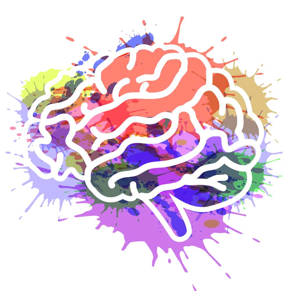 A white outline of a human brain set against a backdrop of splattered colors in purple, green, orange, yellow, and blue.