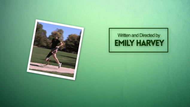 A photo of Emily Harvey running with text that reads "Written and Directed by Emily Harvey" on a green background.