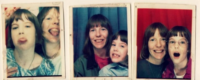 A series of three pictures, each with Alaina and her mother. In the first picture, they are playfully sticking their tongues out at the camera, and in the second two, they are smiling.