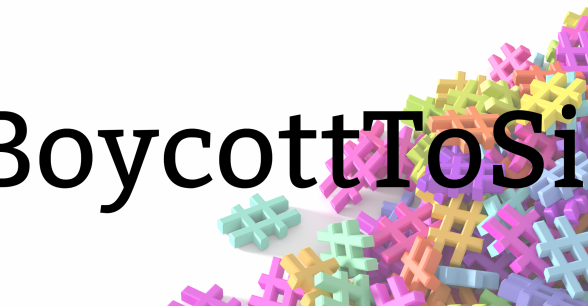 A pile of multicolored three dimensional hashtags. Text reads "#BoycottToSiri"