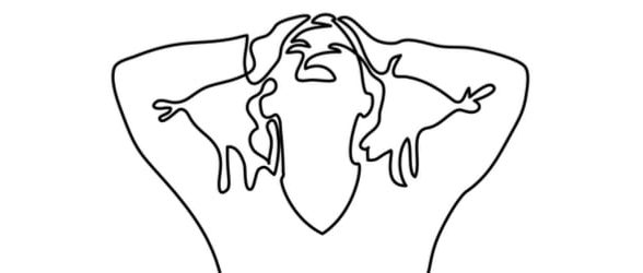 An outline of a woman with her hands on her head, looking up in despair.