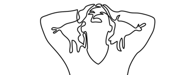 An outline of a woman with her hands on her head, looking up in despair.