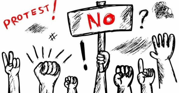 Black and white drawing of hands raised up in different protest gestures. One holds a sign that says "no" in bold red letters.