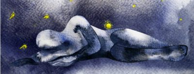 A dark navy blue watercolor painting of a person lying on the floor in the fetal position. Small yellow dots surround the person, giving the picture a space-like quality.