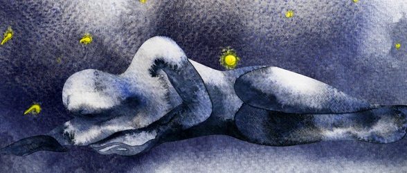 A dark navy blue watercolor painting of a person lying on the floor in the fetal position. Small yellow dots surround the person, giving the picture a space-like quality.