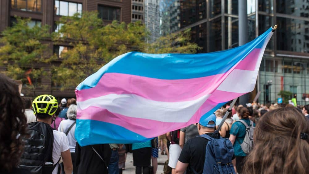 A photo of a group of people at a march holding up a trans pride flag.