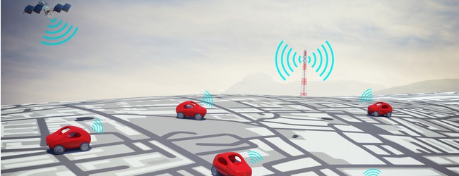 A 3d rendering of a GPS route. There are red cars scattered about the map and two signals - one from a pole, and one from a drone in the sky.