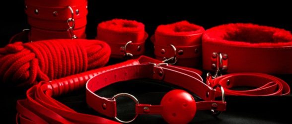 Red leather BDSM accessories including ball gag, cuffs, rope, flogger, collar and leash.