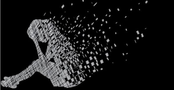 Silhouette of a person sitting head-in-hands, with pieces coming off the silhouette and disappearing into the air.
