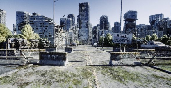 Post-apocalyptic scene shows deserted city and burned out building with a sign that says "road closed."