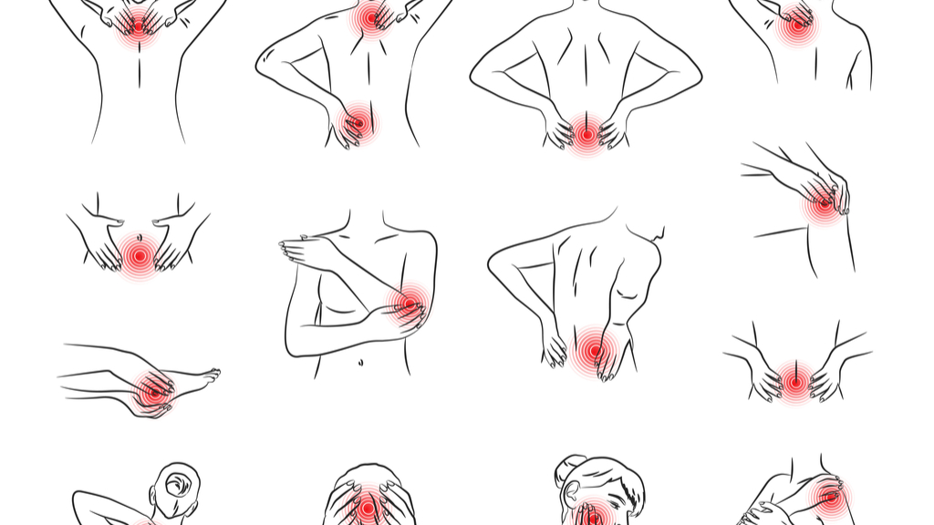 A chart with drawings of different body parts highlighted with red circles to indicate pain.