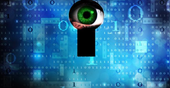 Blue background with computer data. In the middle is a keyhole with a green eye staring directly through.