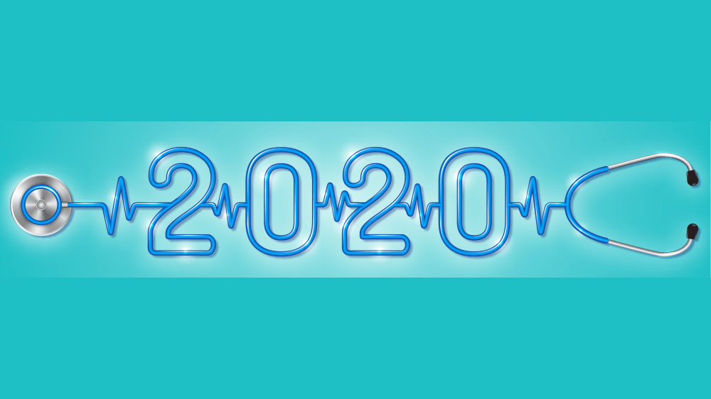 A stethoscope with text that reads 2020 in the middle, surrounded by vital sign lines