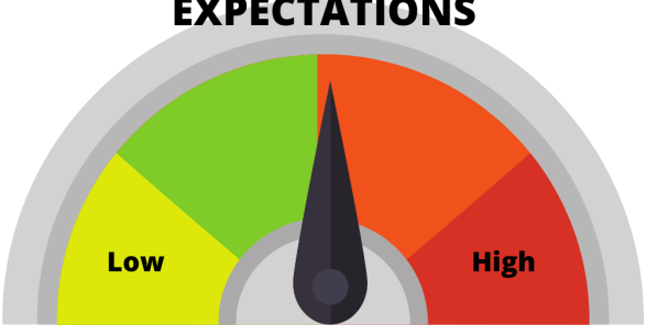 A gauge with an arrow in the middle, ranging from low expectations to high expectations