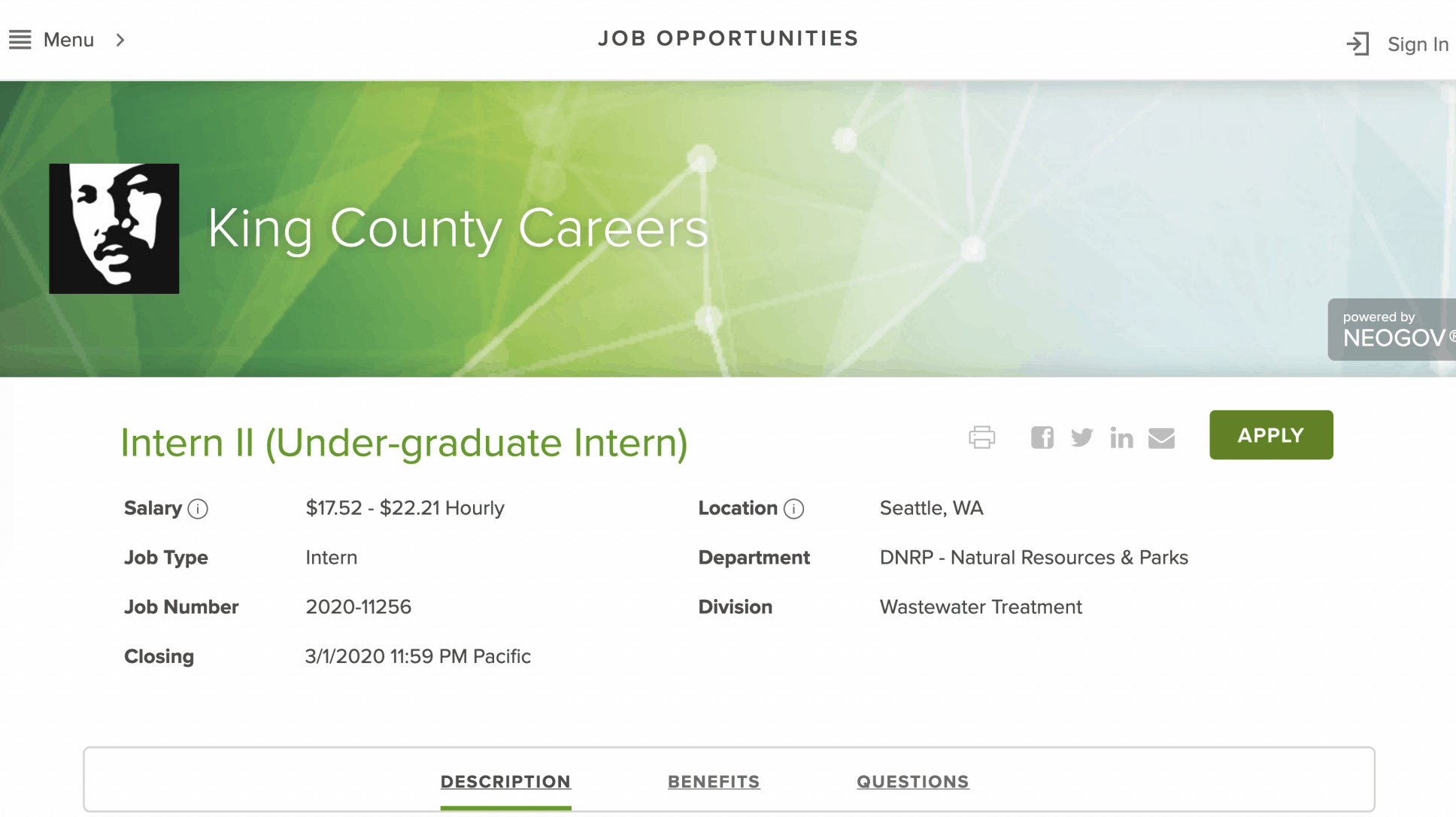 King County Job Information page