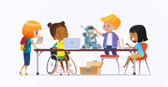 An illustrated group of kids, one using a wheelchair, sitting around a table working on a robotics project together.