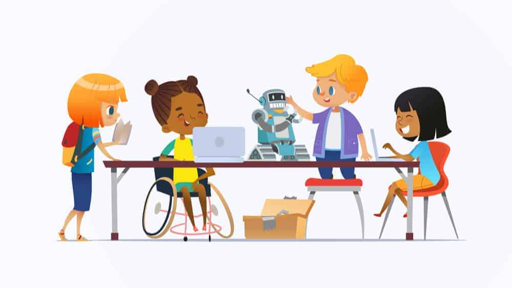 An illustrated group of kids, one using a wheelchair, sitting around a table working on a robotics project together.
