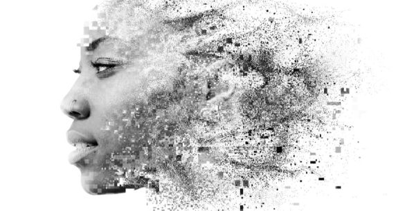 A greyscale photo of a Black woman's face fades into swirls of pixels.