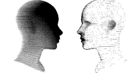 Two nondescript drawings of faces, facing one another. One is shaded in with gray and black, the other, is white.