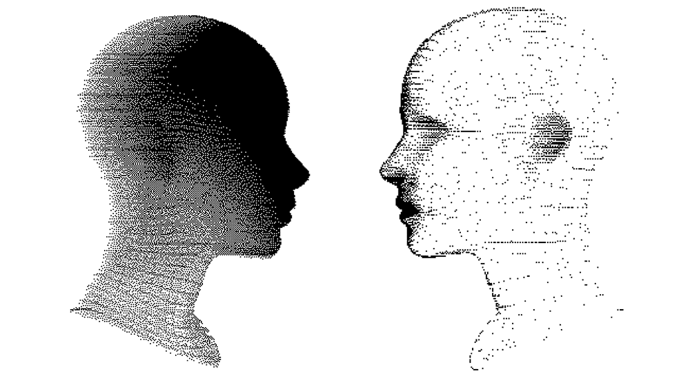 Two nondescript drawings of faces, facing one another. One is shaded in with gray and black, the other, is white.