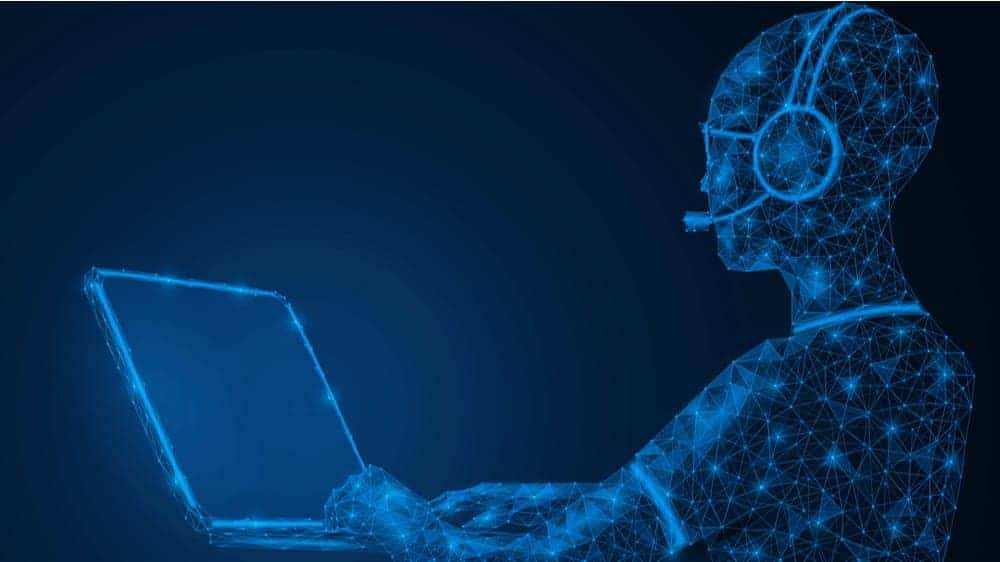 An illustration of a person wearing a headset and typing on a laptop. The person is transparent and has blue connecting lines and dots inside them, indicating being online.