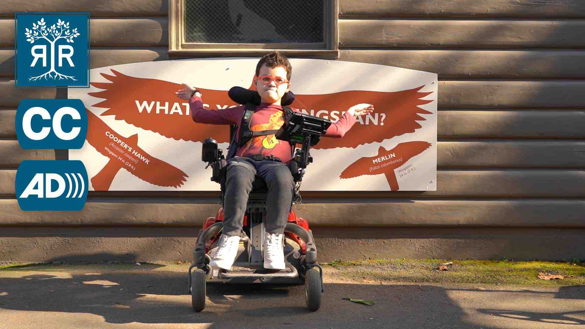Julian sits in his power chair and raises his arms against a poster of a hawk's wingspan.