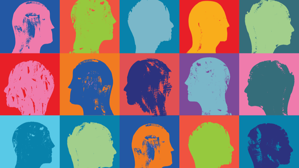 Three rows of outlines of heads, all in different bright colors with different colorful backgrounds