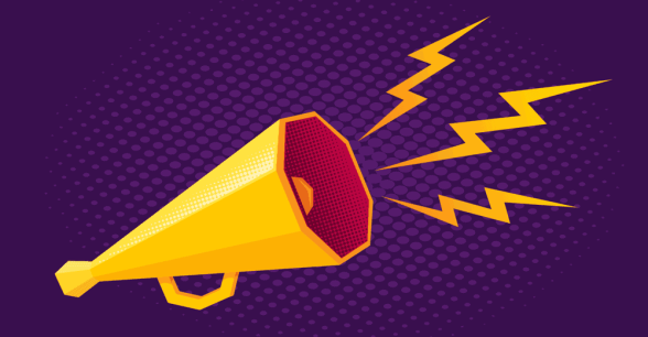 A yellow megaphone against a purple background with yellow lightning bolts coming out to indicate sound.