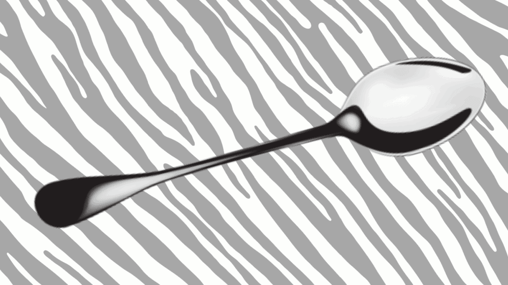 An image of a silver spoon against a zebra print background