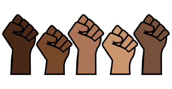 Illustration of a row of Black and Brown fists in the air.