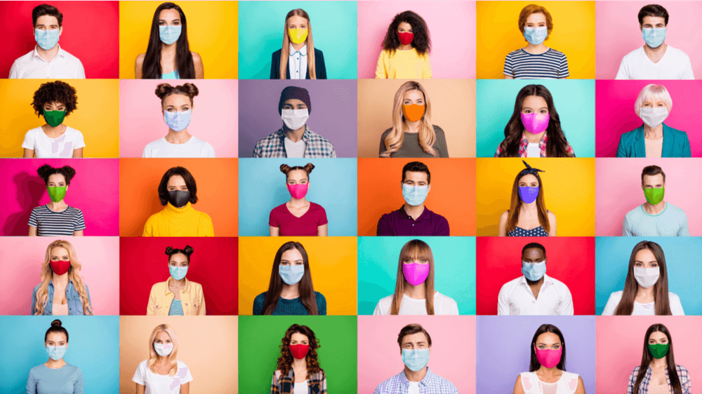 A montage of people of different races against a rainbow of colorful squares, all wearing face masks.