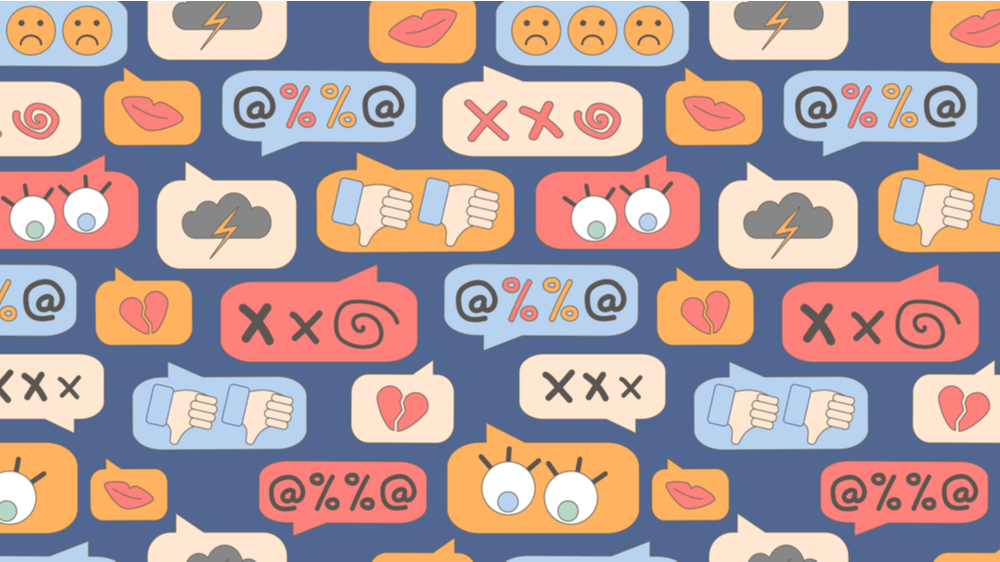 A pattern of of illustrated speech bubbles that have different emoji indicating harassment.