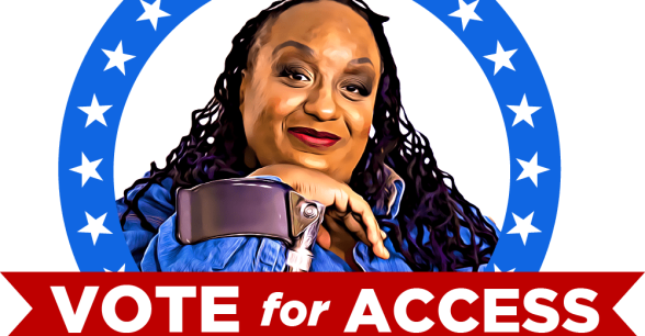 A logo featuring an illustration of Imani Barbarin, a young Black woman with dreadlocks, smiling, and resting her chin on her hand, One of her forearm crutches props up her hand. She is surrounded by white stars in a blue arch. "Vote For Access with Imani Barbarin" is written in red below her.