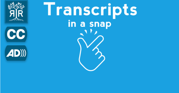 Light blue image with the illustration of a hand snapping in the center with the following text in white font above it: Transcripts in a snap