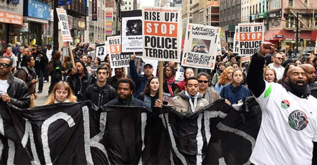 A group of protesters marching for the Black Lives Matter movement. 
