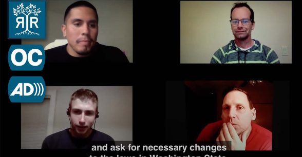 Ban Solitary video thumbnail showing four individuals on separate video calls overlayed on a black background. The RiR logo and icons for open captions and audio description are on the left.