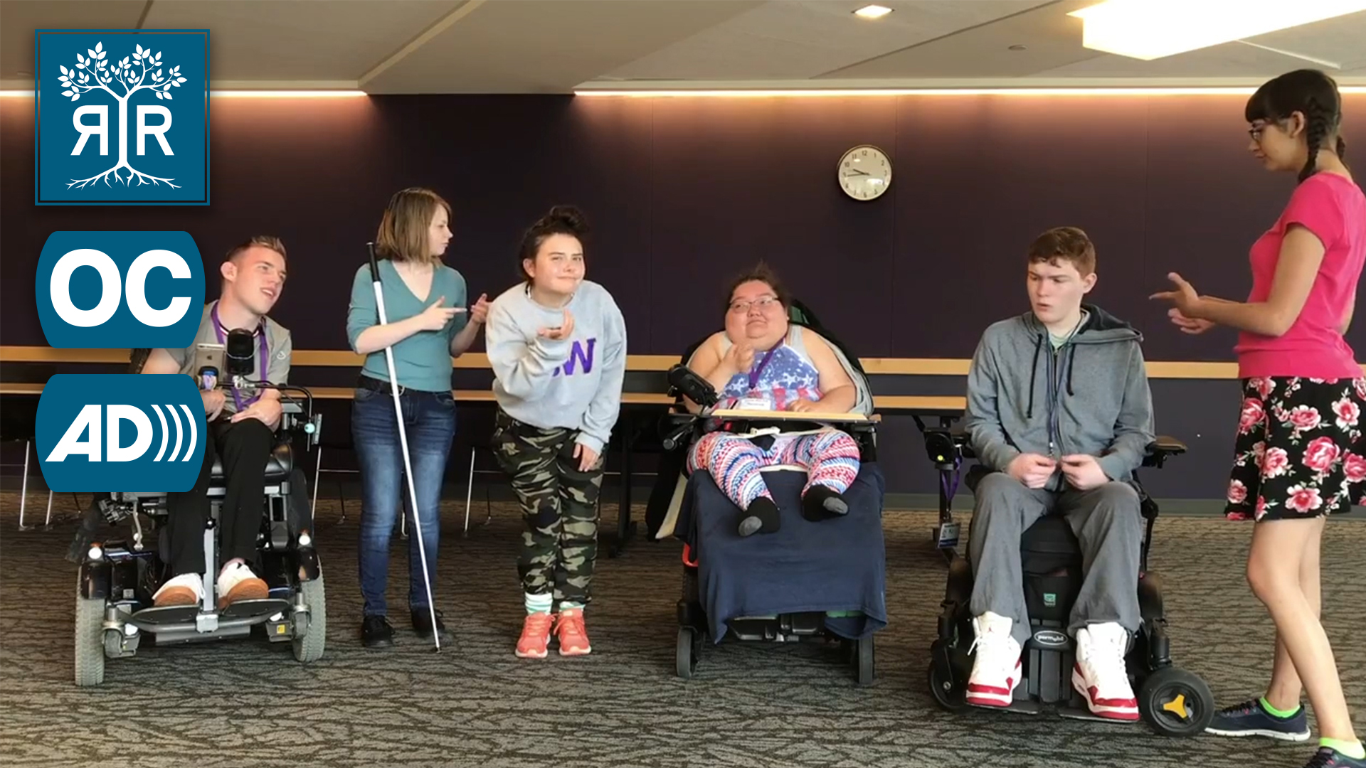 A row of students with mixed disabilities looking looking confused and shrugging their shoulders.