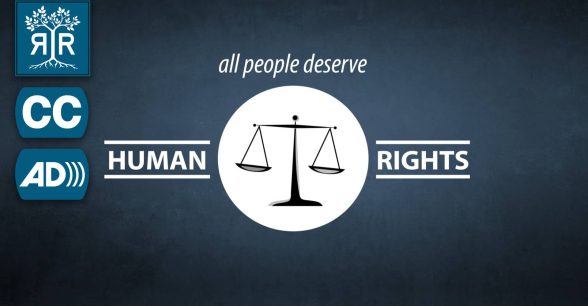 A graphic with the text "all people deserve Human Rights" with a dark blue background.