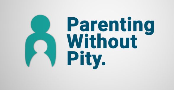Blue text "Parenting Without Pity." on white background, next to teal logo of parent holding child.