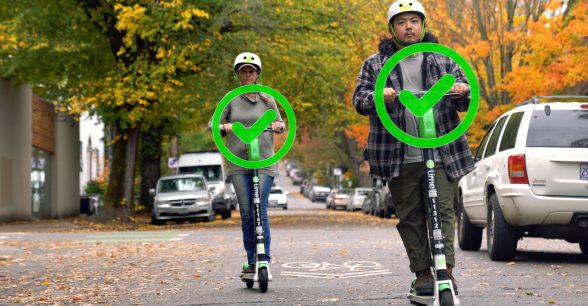 Two people ride Lime scooters and are overlaid with green checkmarks.