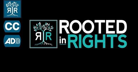Rooted in Rights logo with interlocking trees in white and teal on black background