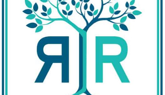 Rooted in Rights logo in teal and blue. Two R's with a tree sprouting through the center.