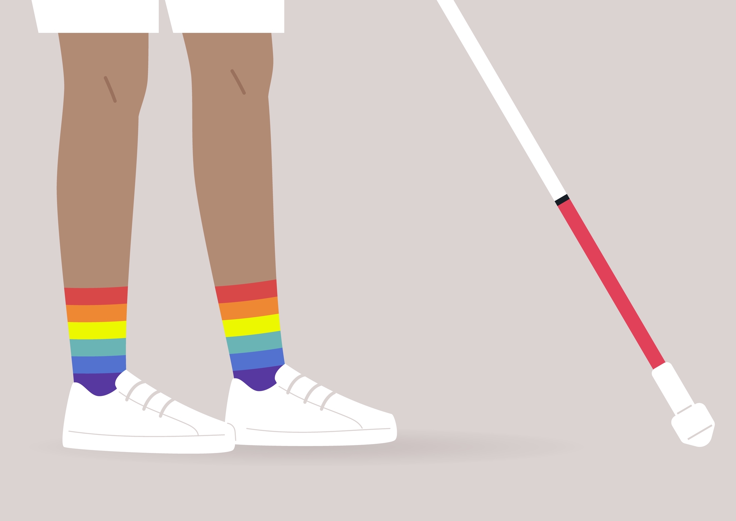 Illustration of a brown-skinned person's legs and feet. They're wearing white shorts and white sneakers with rainbow patterned socks. They have a white cane.